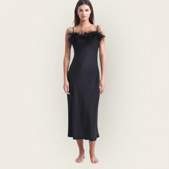 NWT Sleeper Boheme black midi slip dress feather trim - Picture 1 of 8